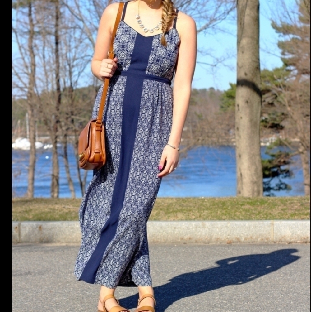J Crew Maxi Navy Pattern Dress